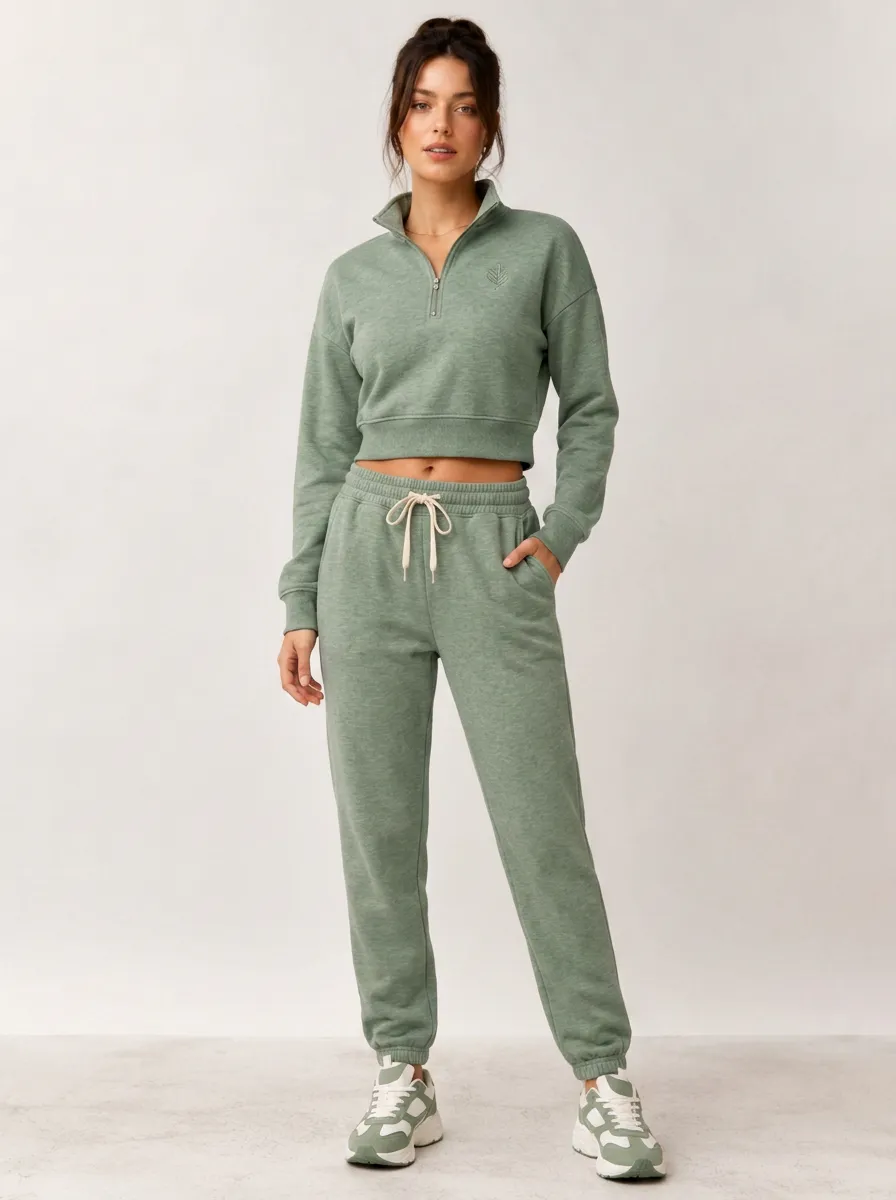 Women's Sage Green Leaf Embroidered Quarter-Zip Crop Sweatshirt Jogger Set