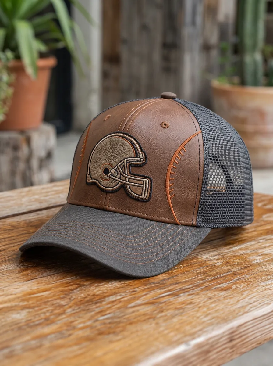 Men's Football Fan Helmet Patch Faux Leather Mesh Trucker Cap