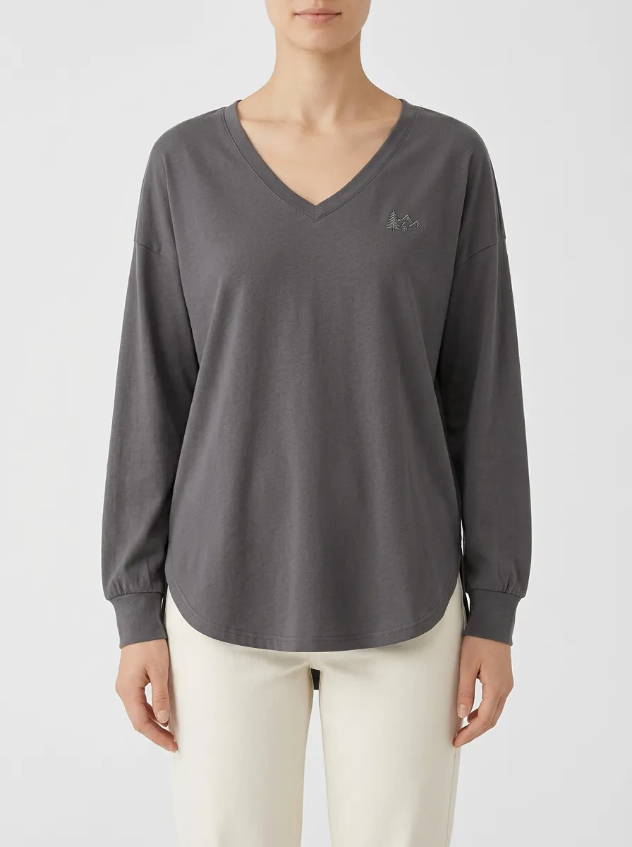 Women's V-Neck Long-Sleeve T-Shirt with Mountain Embroidery