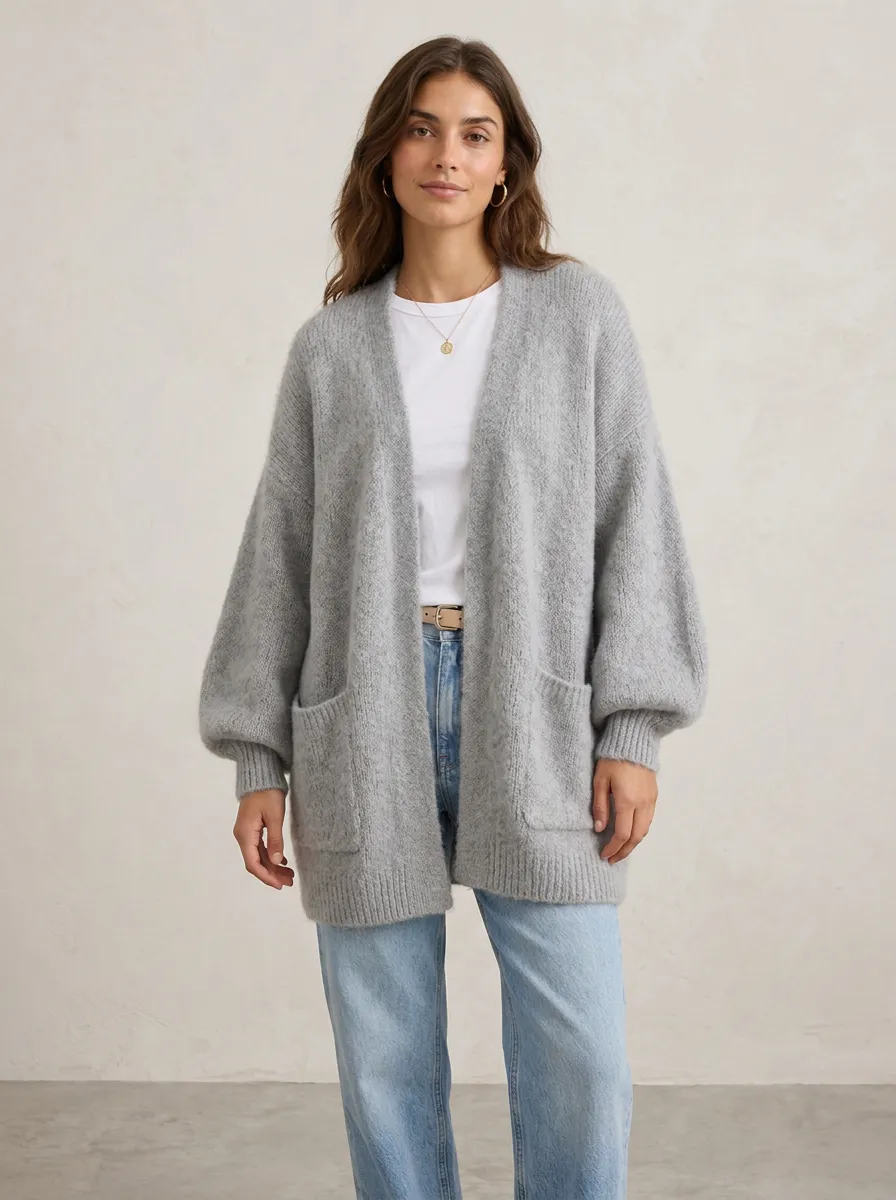 Women's Heather Open-Front Balloon Sleeve Cardigan