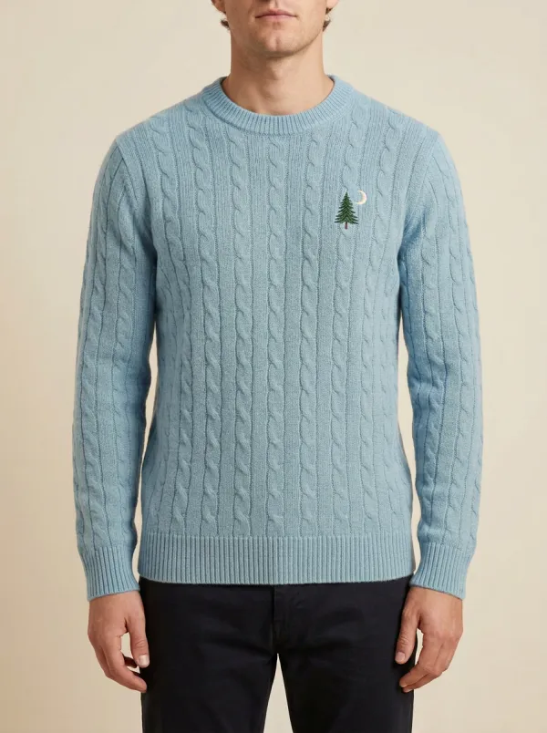 Men's Pine Moon Embroidered Cable-Knit Crewneck Sweater