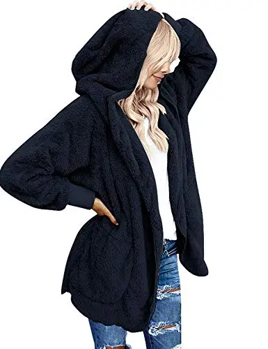 Womens Fuzzy Fleece Open Front Hooded Cardigan Jackets Sherpa Coat with Pockets