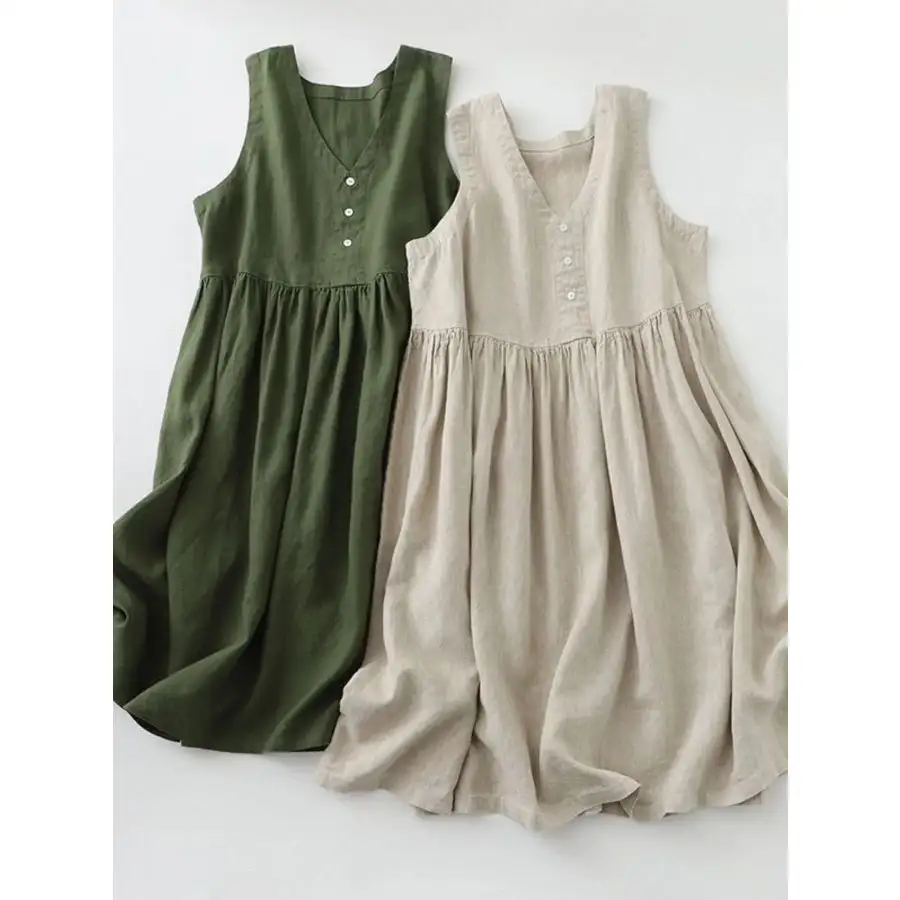 V-Neck Button Detail Sleeveless Midi Dress