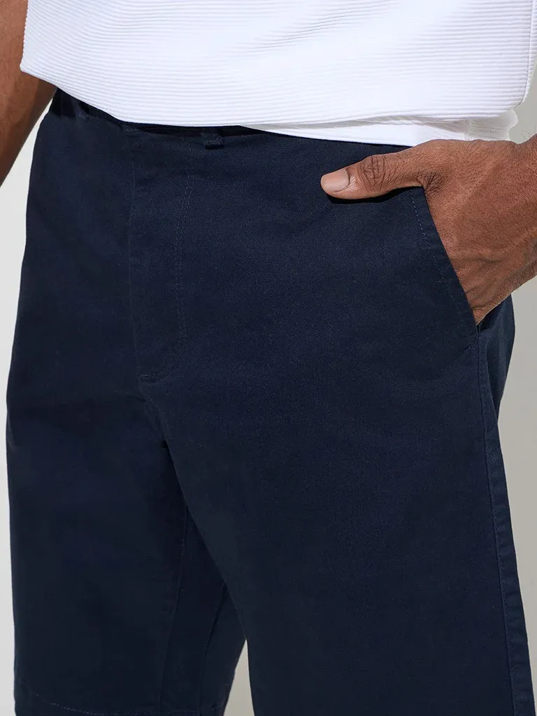 Navy Loose Mid-Waist Cotton-Blend Shorts