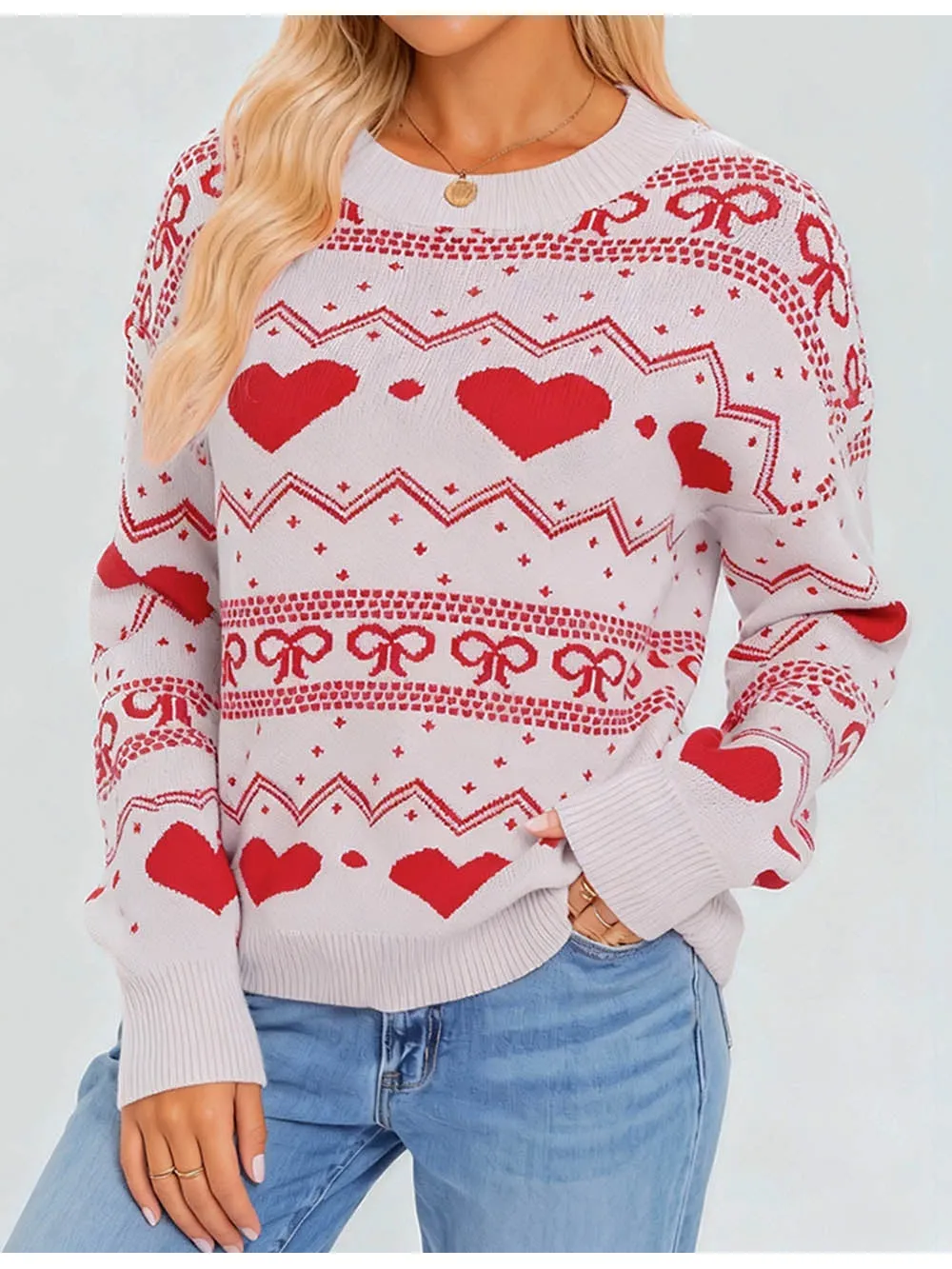 Valentine Heart and Bow Pattern Pullover Sweater