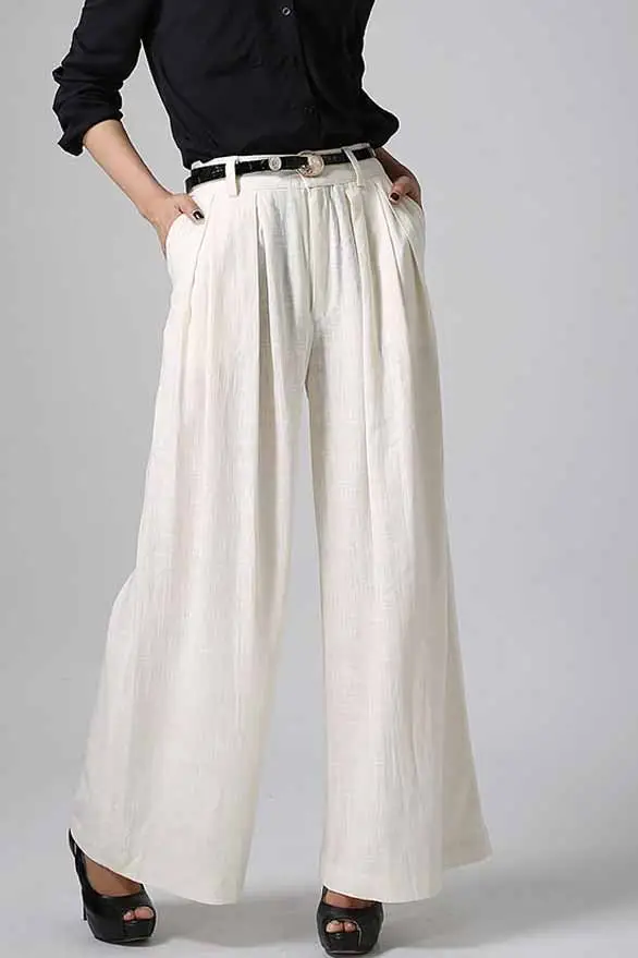 Modern Linen Cotton Palazzo Wide Leg Belted Trousers