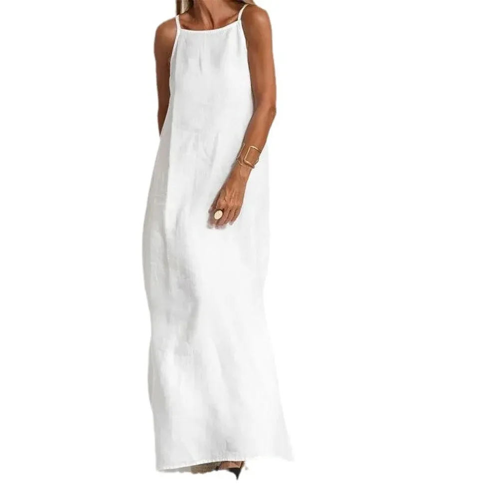 Sleeveless Side Slit Linen Blend Slip Dress