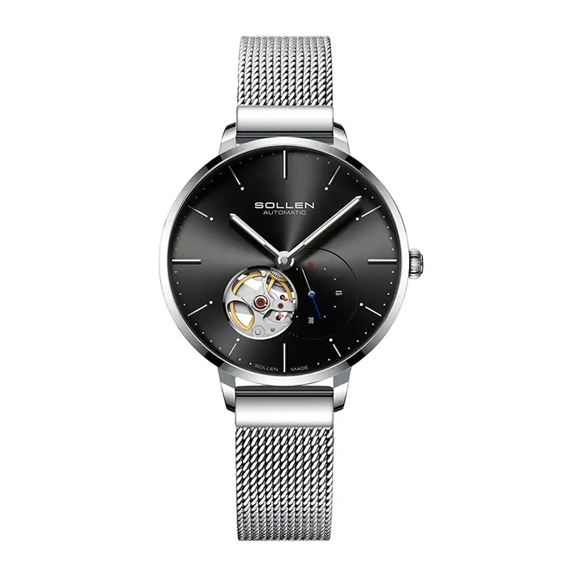 Sollen SL418 Women's Open Heart Automatic Mechanical Watch - 36mm Stainless Steel Case Slim 9.9mm Small Seconds Mesh Bracelet Wristwatch