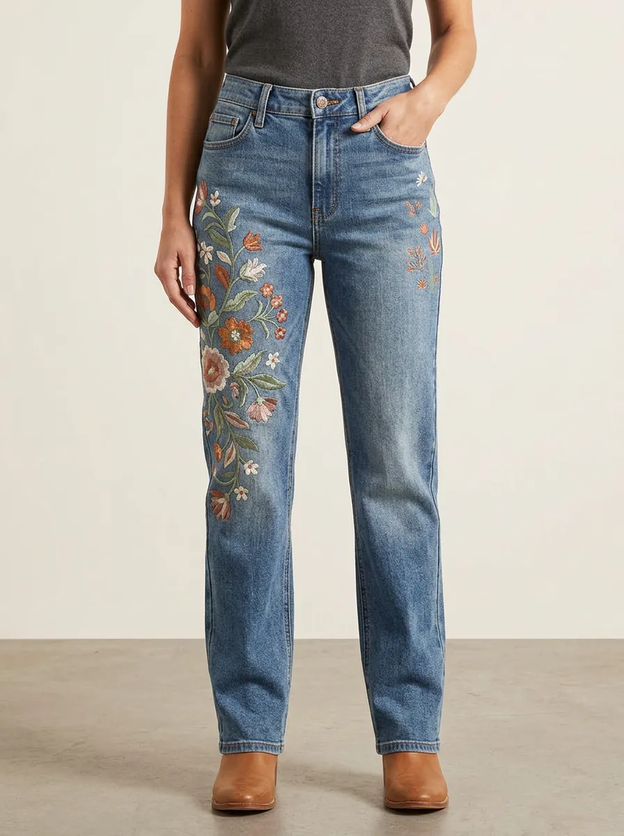 Women's Floral Lover Botanical Embroidered Printed Straight Jeans