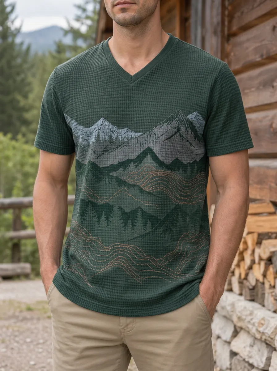 Men's Landscape Nature Lover Mountain Forest Waffle V-Neck T-Shirt