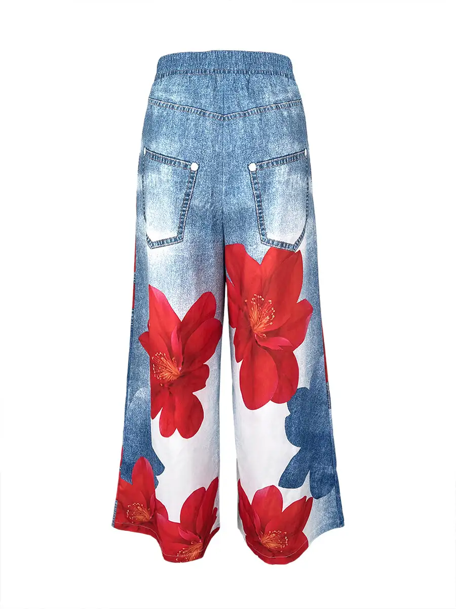 Floral Print Relaxed Fit Wide Leg Jeans