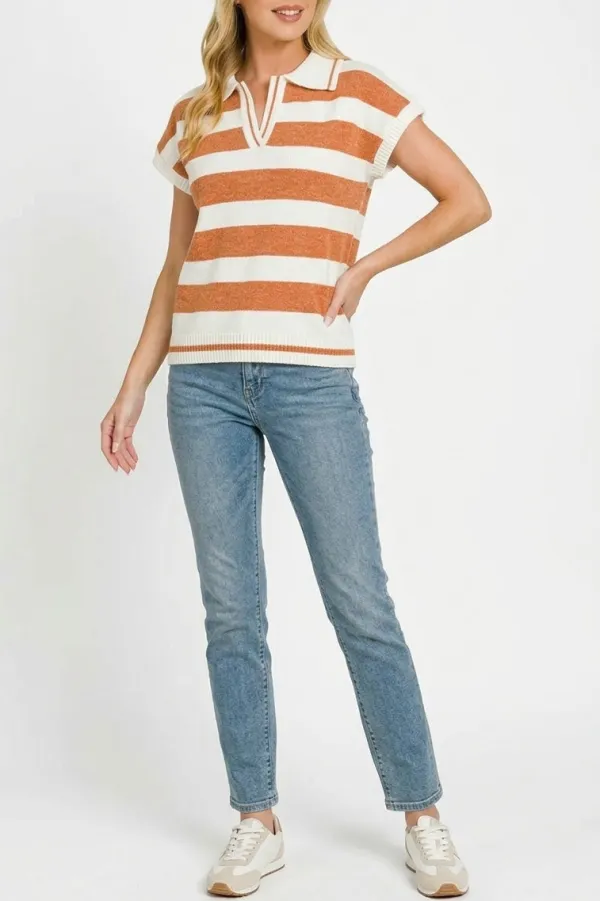 Modern Striped Collared Ribbed Short Sleeve Sweater