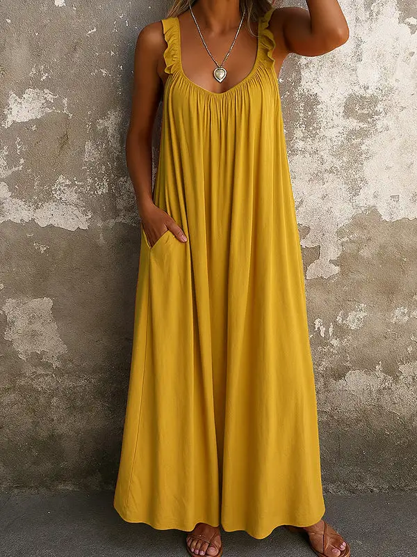 Pleated Ruffled Neck Maxi Dress