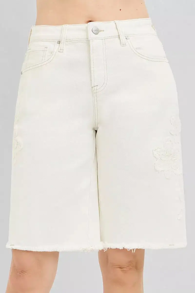 Raw-Hem Pocketed Bermuda Cotton Denim Shorts