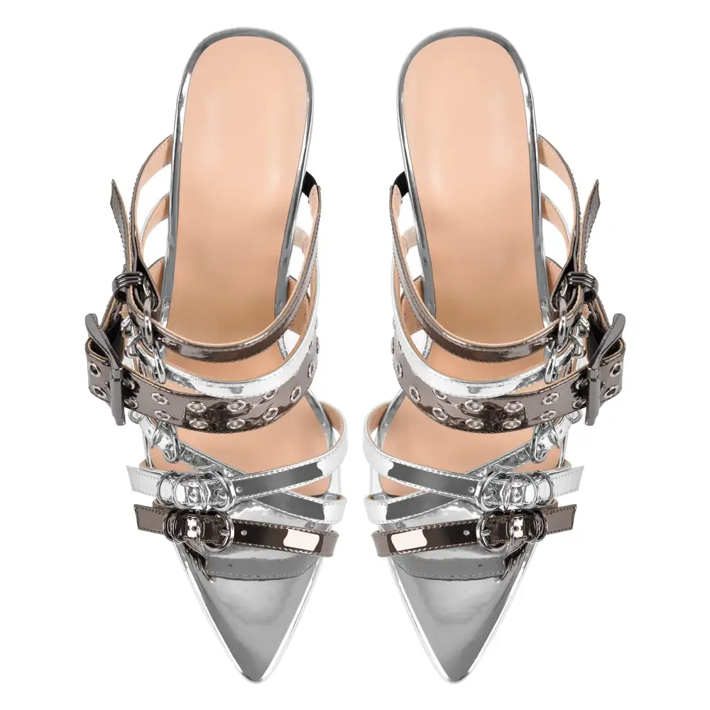 Denim Pointed Toe Buckle Strap Mule Sandals
