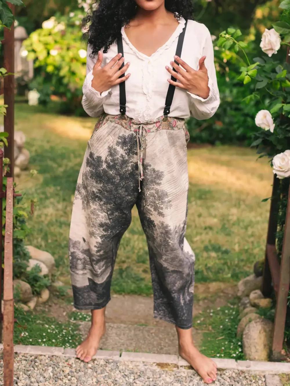Boho Linen Print Cropped Artist Pants