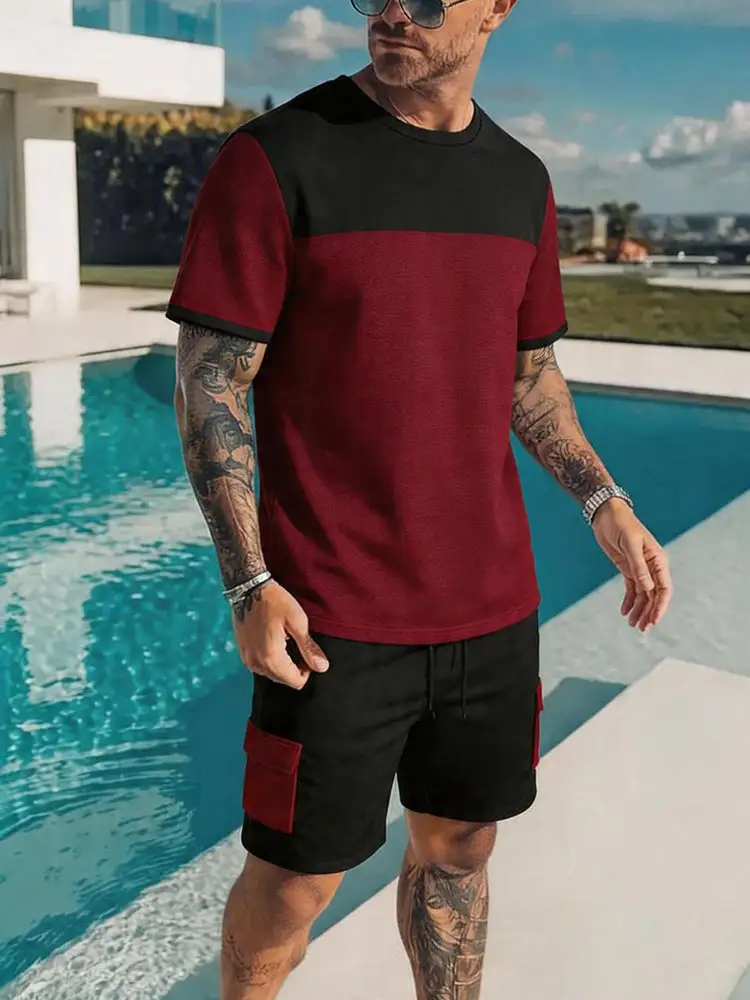 Casual Sporty Colorblock T-Shirt and Shorts Set