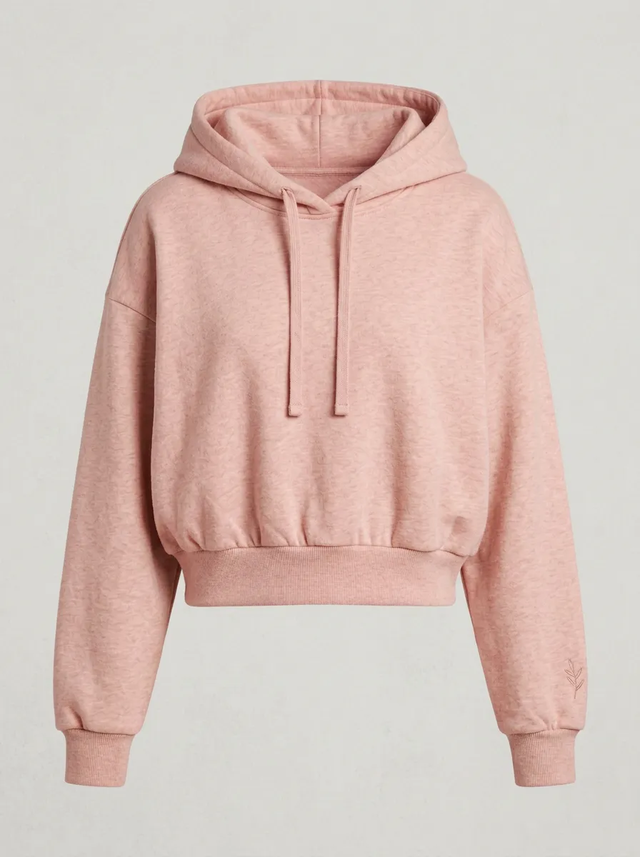 Women's Minimalist Solid Beige Embroidered Leaf Cropped Hoodie