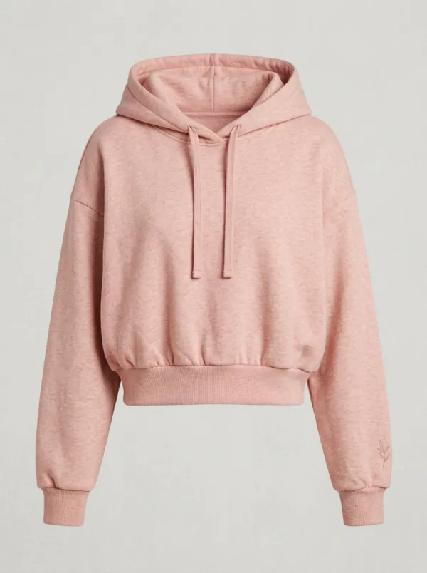 Women's Minimalist Solid Beige Embroidered Leaf Cropped Hoodie