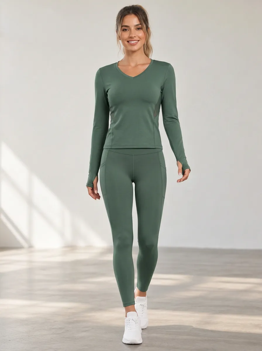 Women's Long Sleeve V-Neck Leggings Set