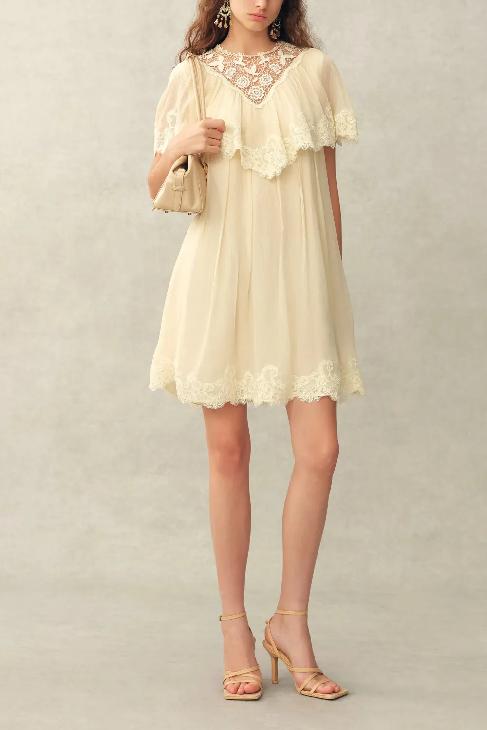 Capelet Short Sleeve Lace Embroidered Silk Blend Midi Dress