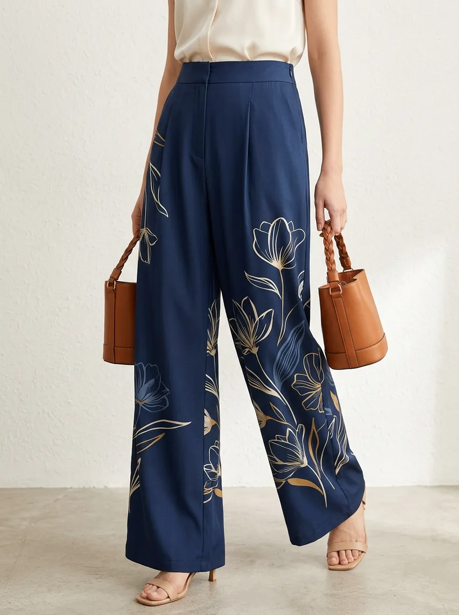 Women's Floral Art Navy Blue Patterned High-Waist Wide-Leg Pants