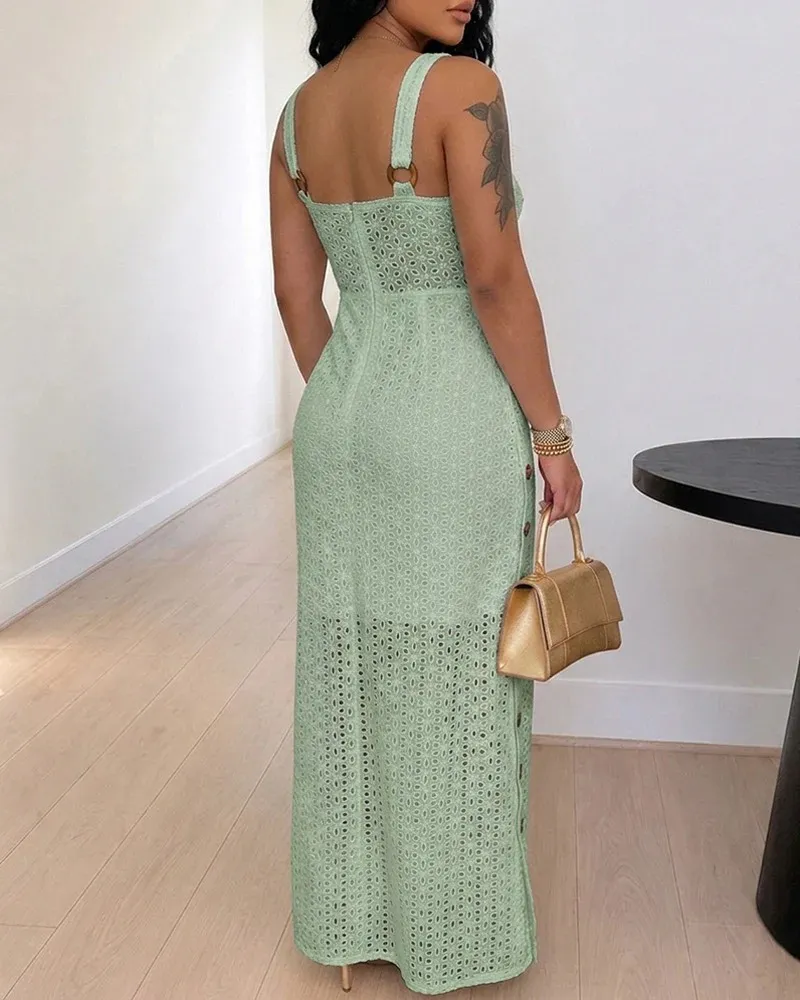 Women's open-back, side-slit embroidered spaghetti strap dress