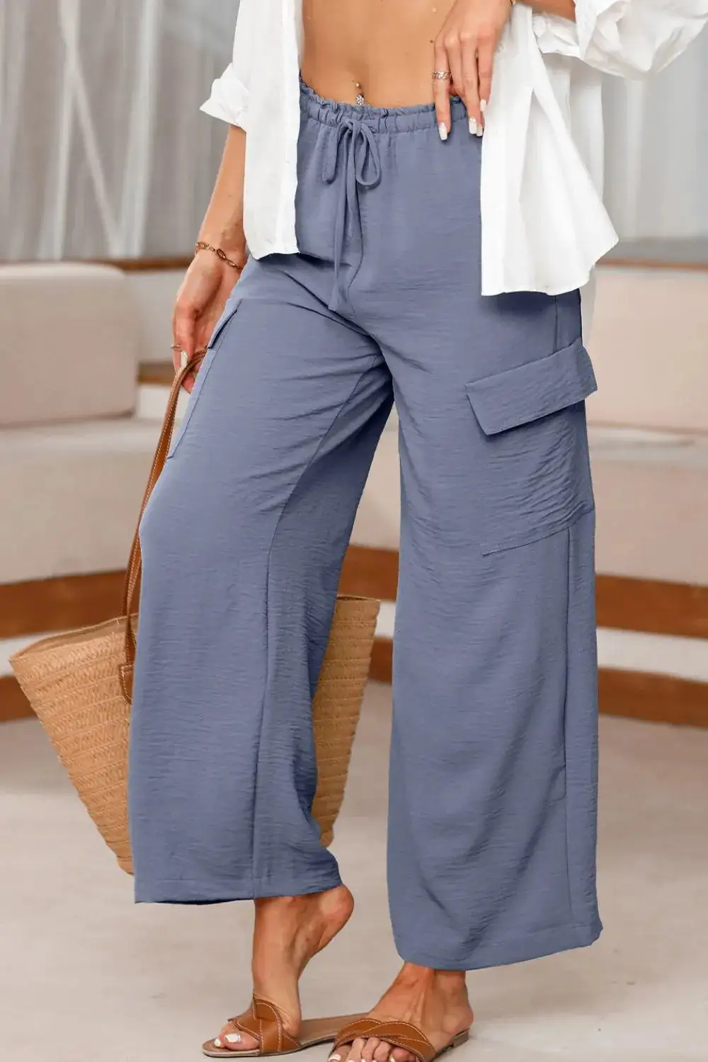 Drawstring Frilled Waist Wide Leg Utility Trousers