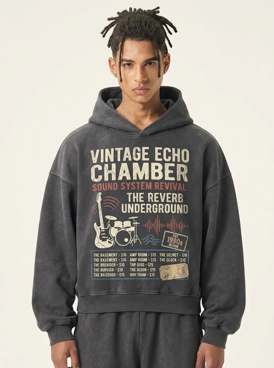 Men's Vintage Rock Band Echo Chamber Guitar Drum Printed Hoodie