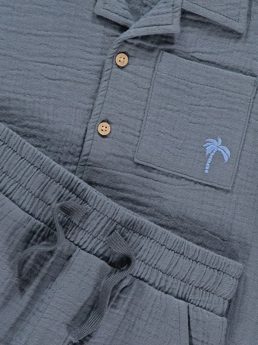 Slate Blue Cheesecloth Short Sleeve Shirt and Shorts Outfit