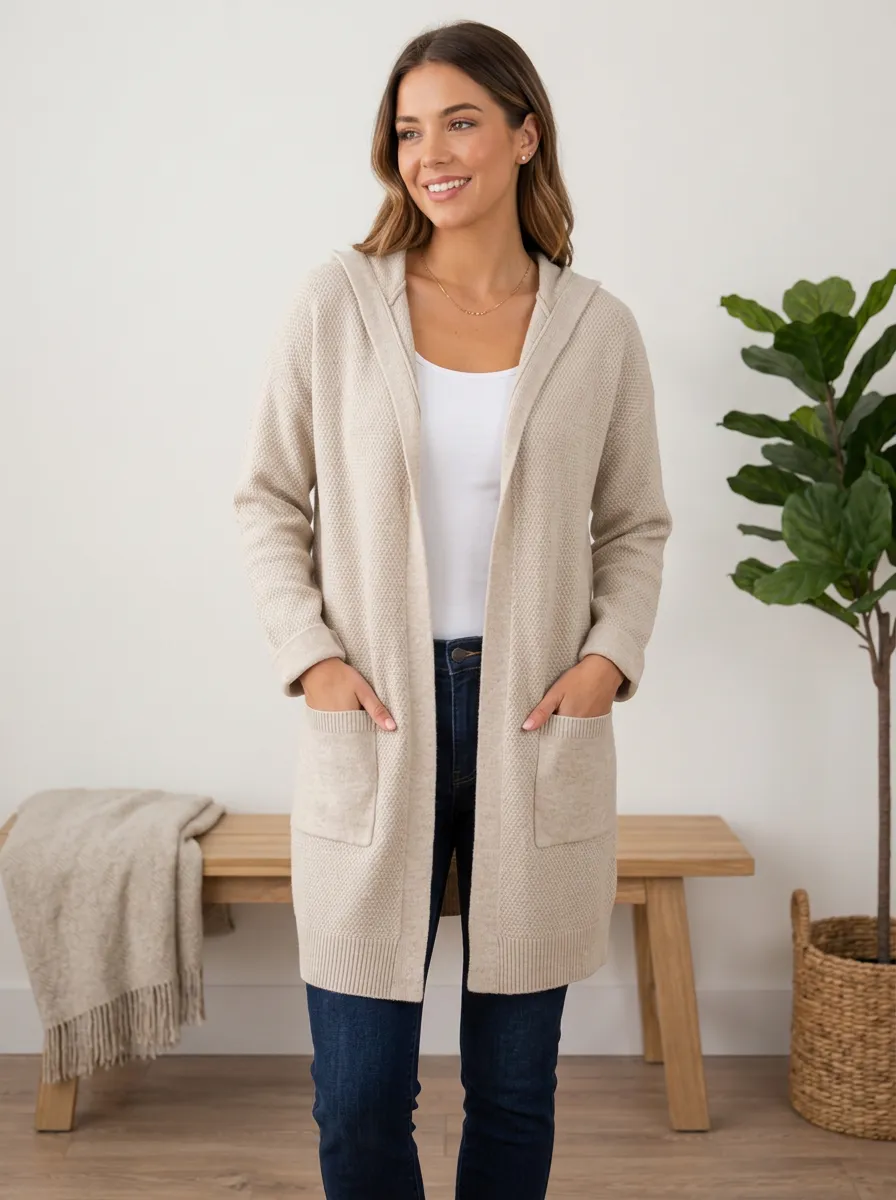 Women's Casual Beige Textured Hooded Open Front Cardigan