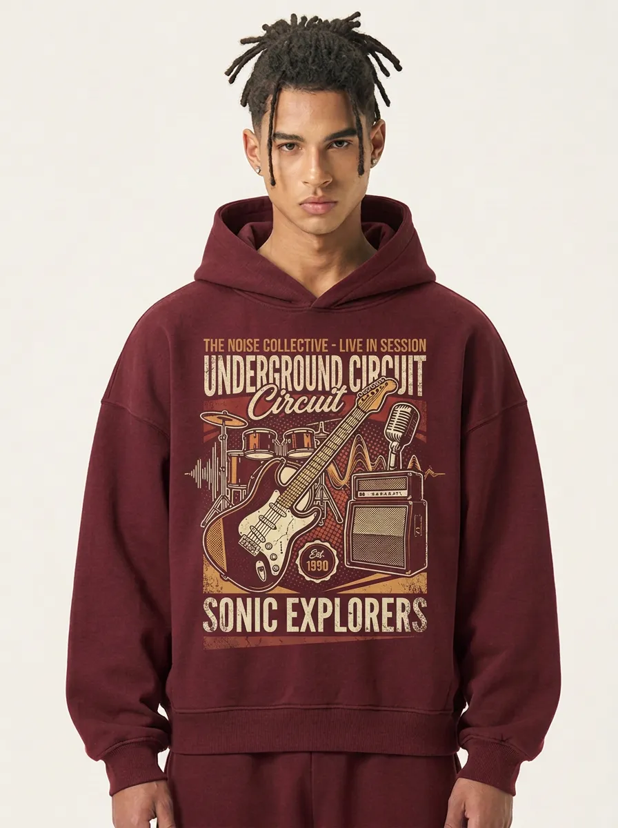 Men‘s Rock Band Music Lover Guitar Drum Printed Hoodie