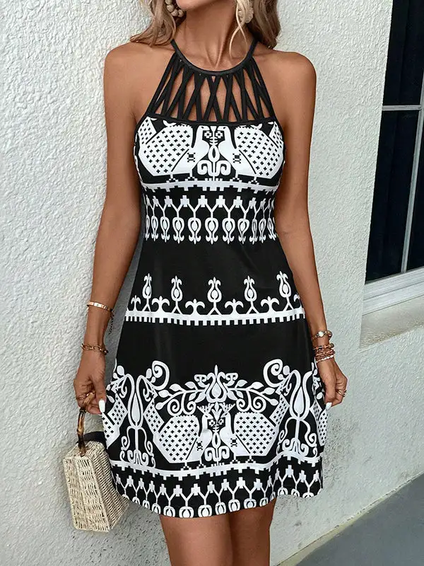 Relaxed Sleeveless Hollow Printed Split Joint Halter Neck Mini Dress