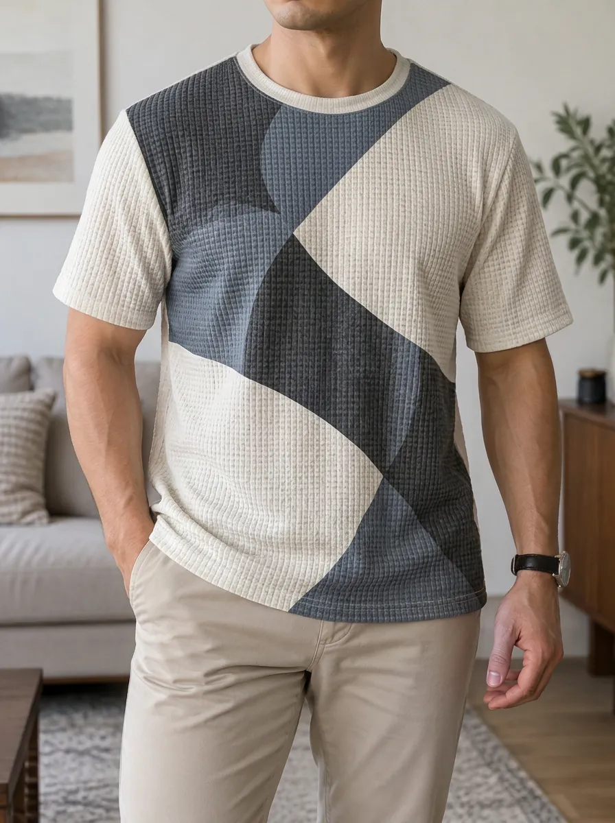 Men's Geometric Colorblock Waffle Knit Artistic Crew Neck T-Shirt