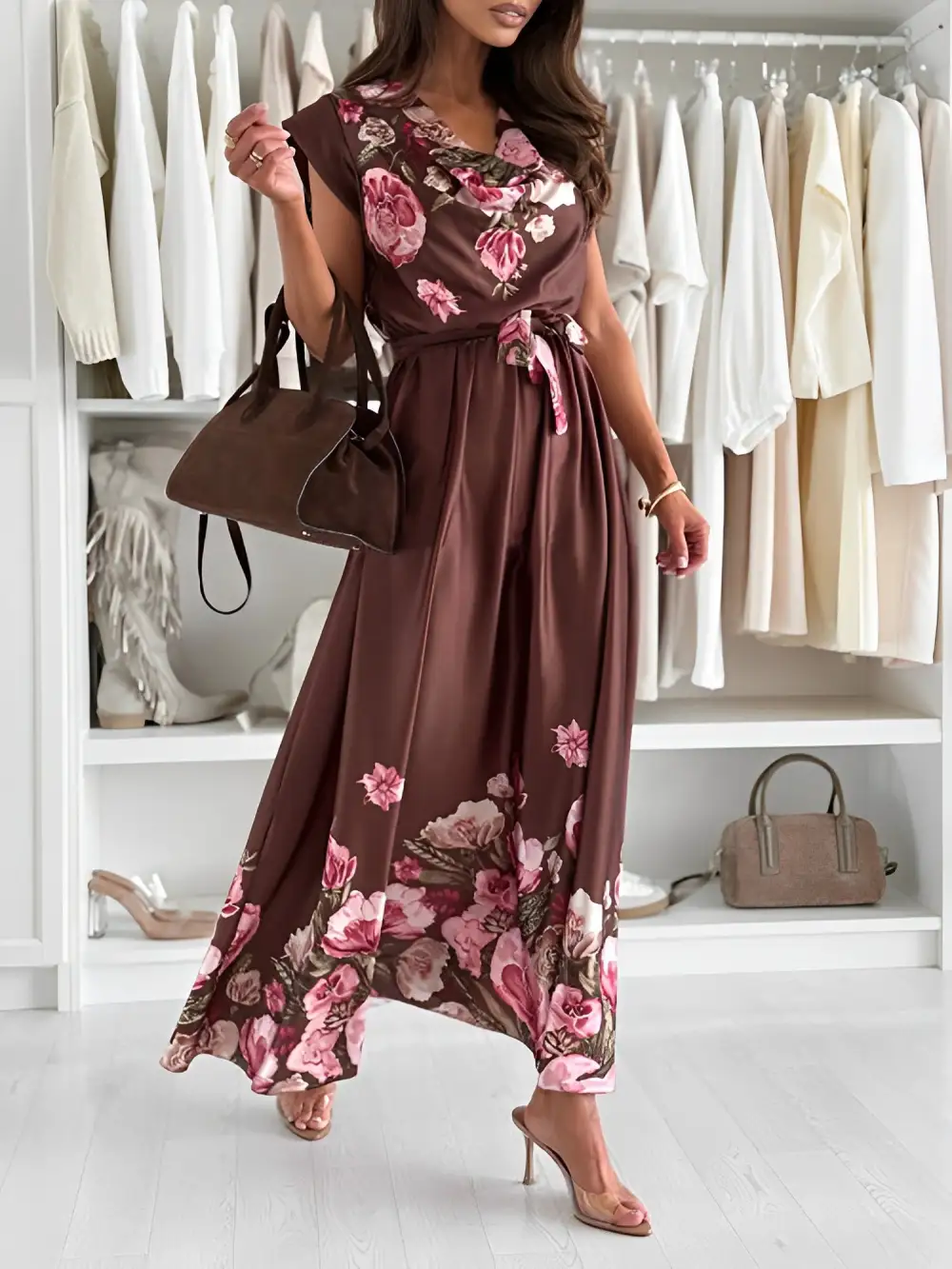 Floral Cowl-Neck Cap-Sleeve Maxi Dress