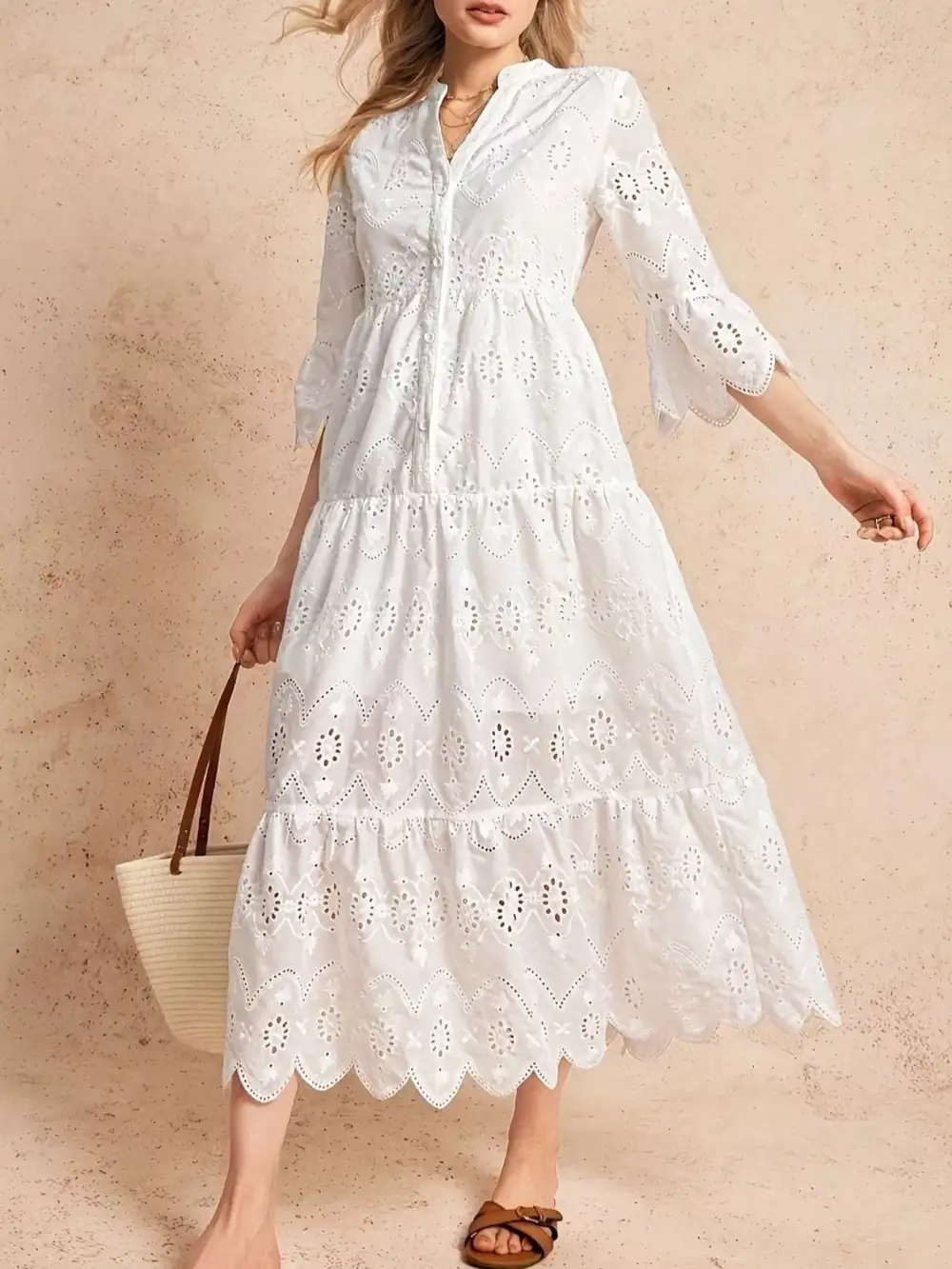 Eyelet Notched Tiered Midi Dress
