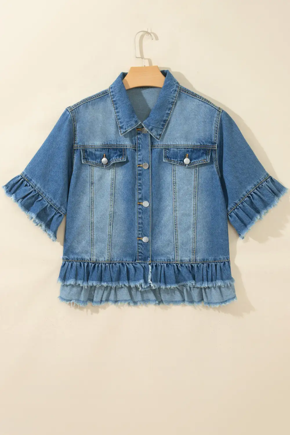 Women's Ruffle Hem Raw Edge Half Sleeve Western Denim Jacket