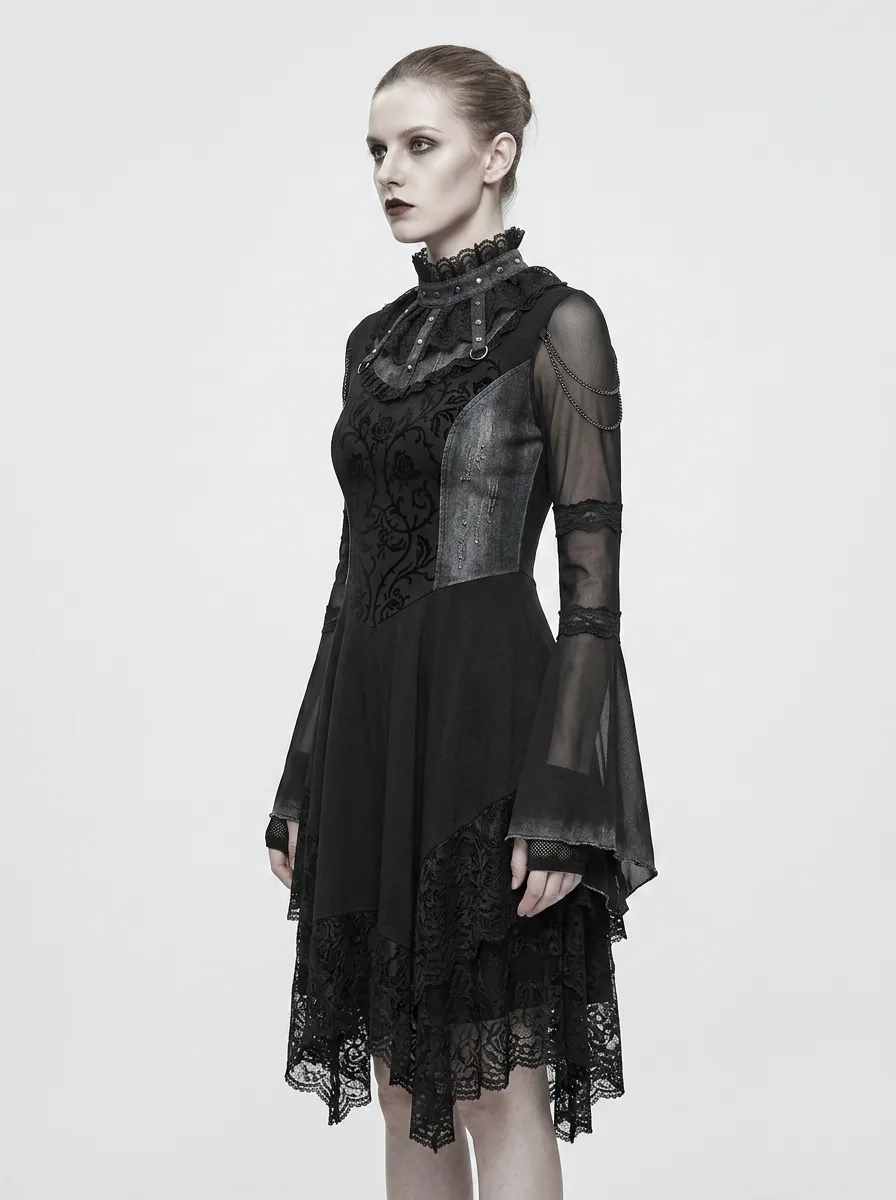 Women's Gothic Victorian Rose Lace Studded Mesh Printed Top