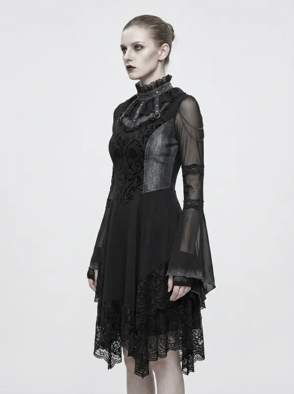 Women's Gothic Victorian Rose Lace Studded Mesh Printed Top