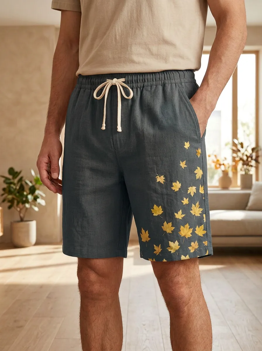 Rust Maple Leaf Print Drawstring Nature Shorts