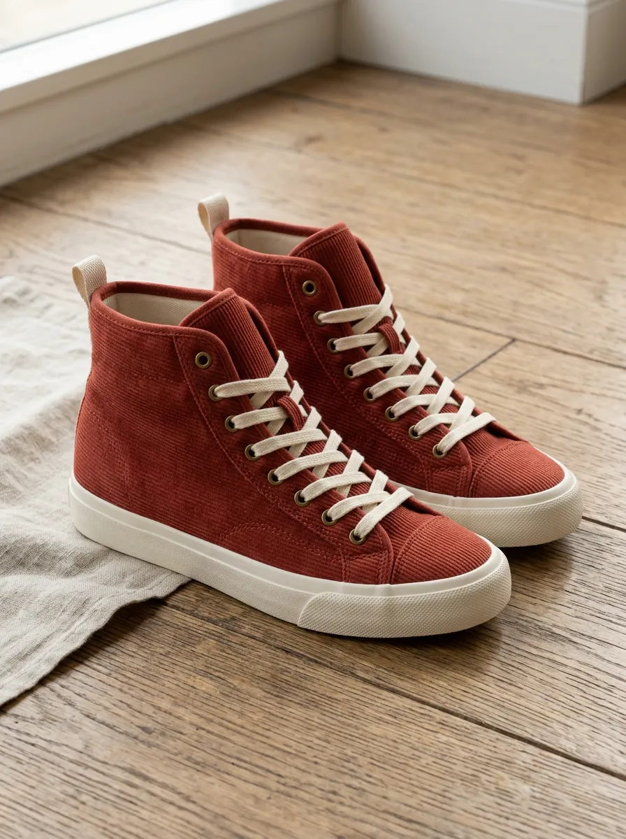 Women's Casual Style Rust Corduroy High-Top Sneakers