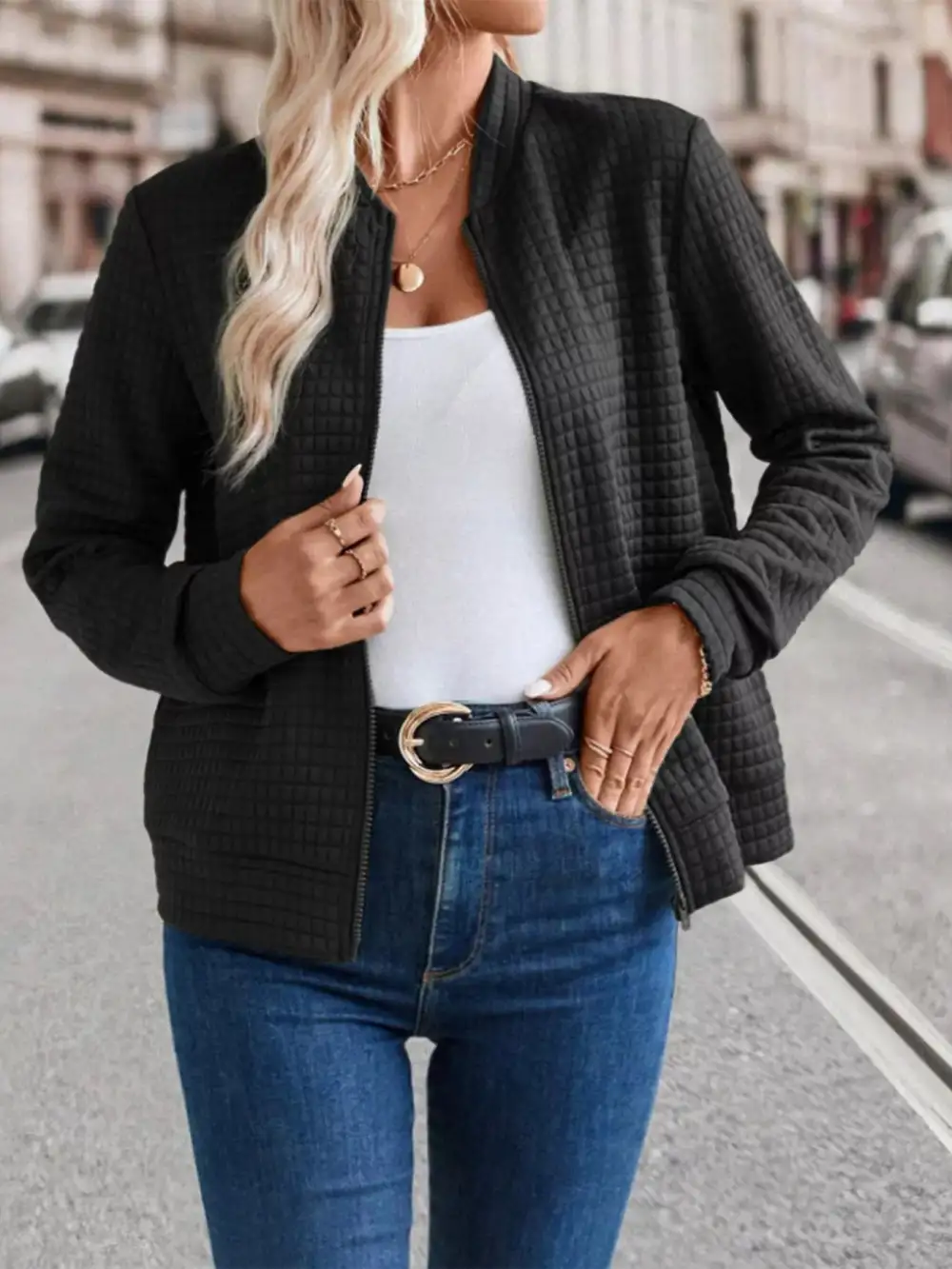 Textured Zip-up Long Sleeve Jacket