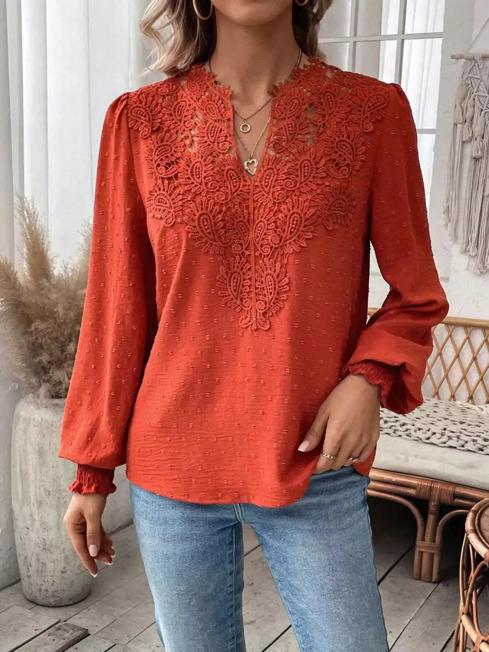 Swiss Dot Lace Detail Long Sleeve Blouse