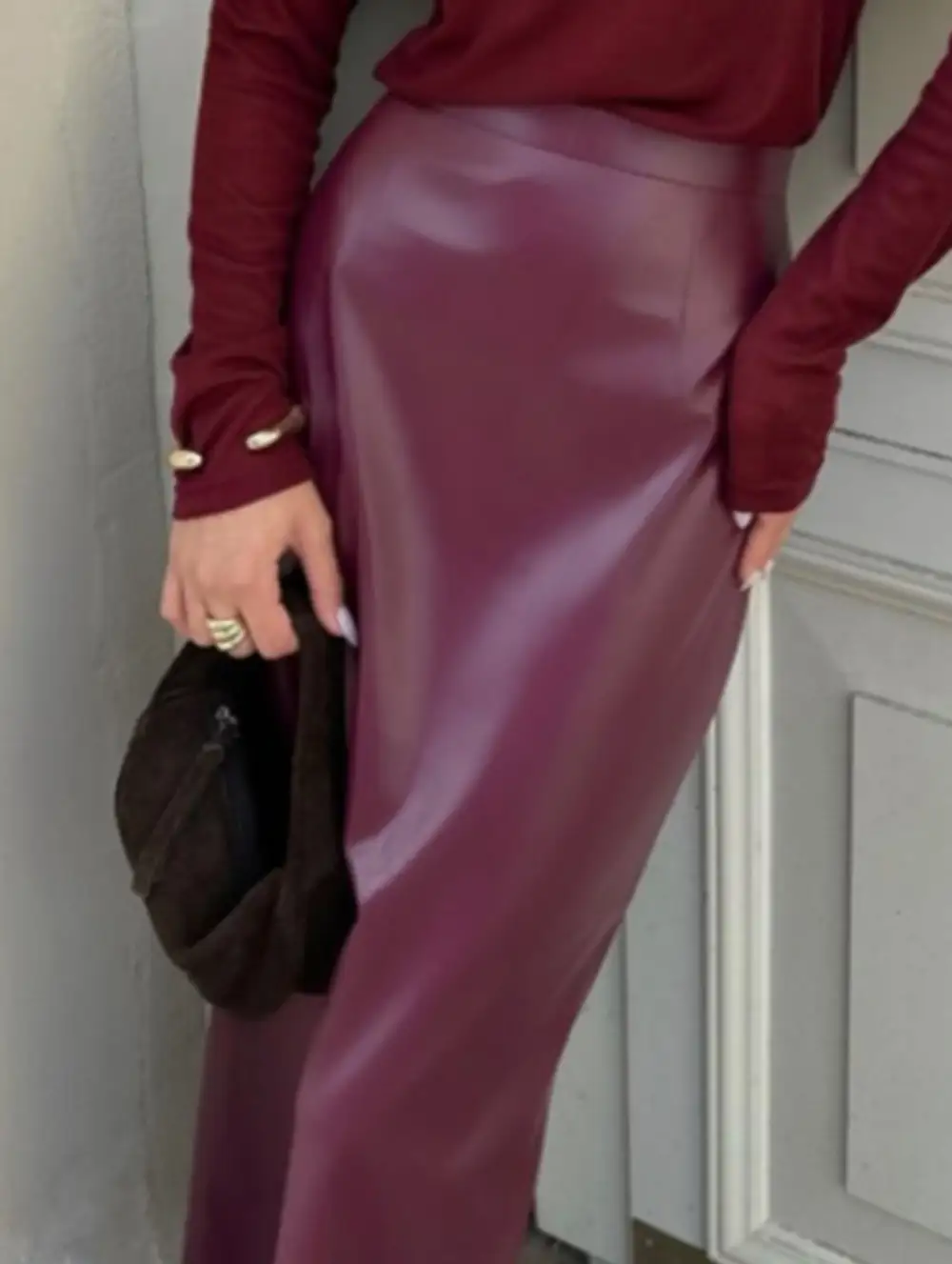 Leather Look Pencil Slit Midi Skirt