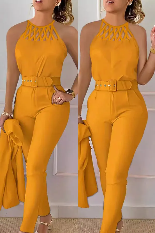 Solid Color Belted Round Neck Sleeveless Pant Set