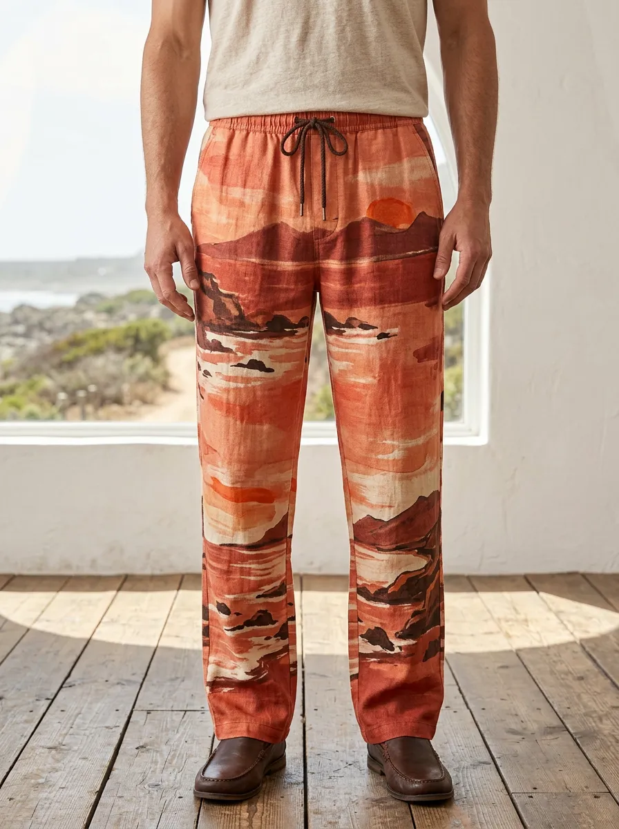 Men's Sunset Landscape Beach Scene Printed Linen Pants