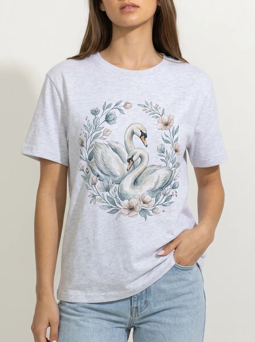 Women's Nature Floral Swan Couple Graphic T-Shirt