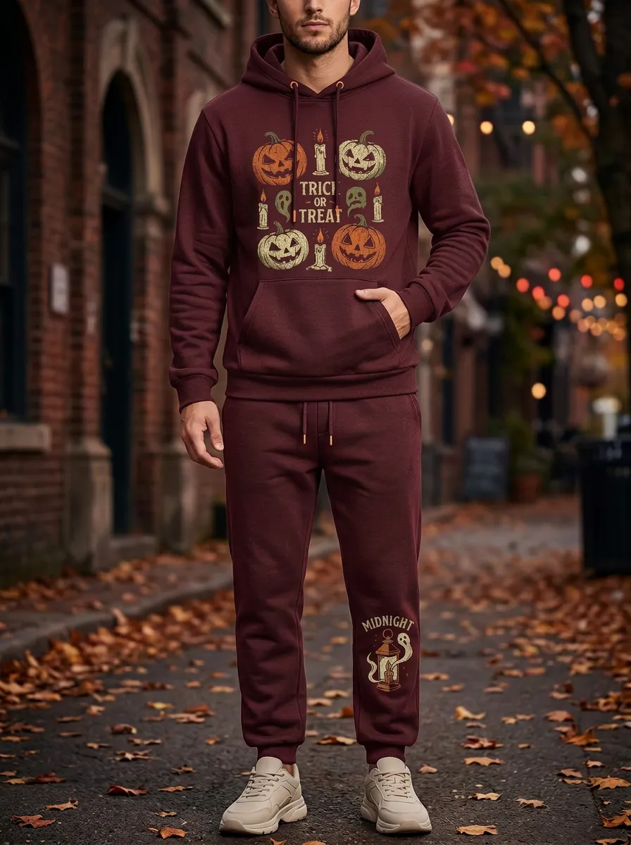 Men's Halloween Trick or Treat Pumpkin Ghost Printed Tracksuit