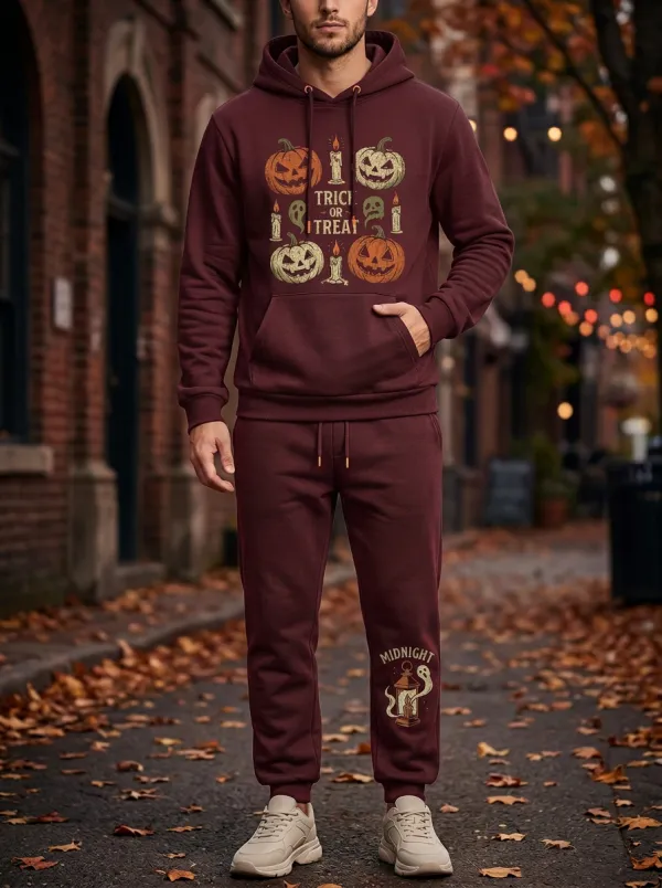 Men's Halloween Trick or Treat Pumpkin Ghost Printed Tracksuit