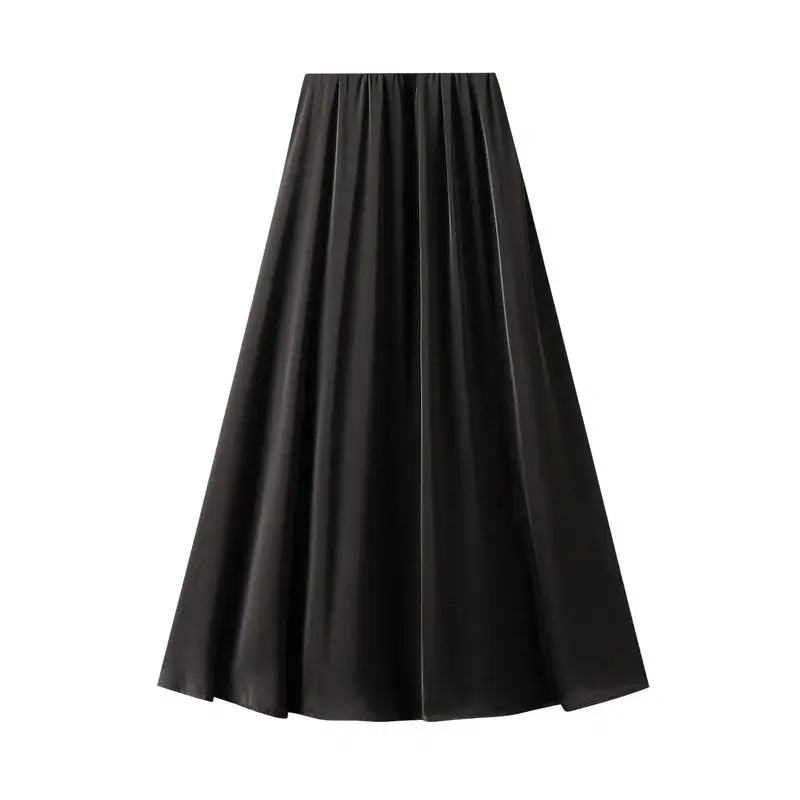 Refined High Waist Acetate Satin Midi A-Line Skirt